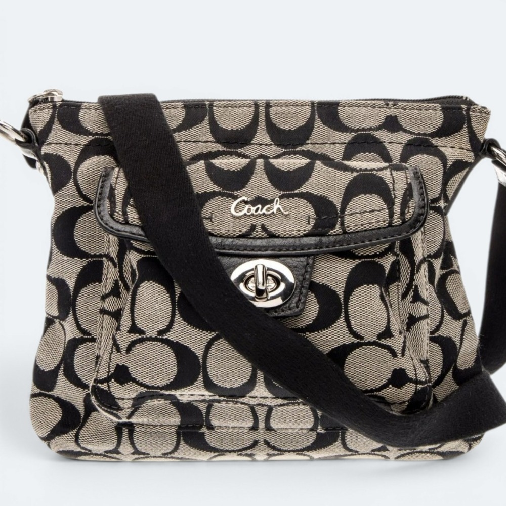 Coach Penelope Signature Canvas Crossbody Bag Black Grey Monogram Purse